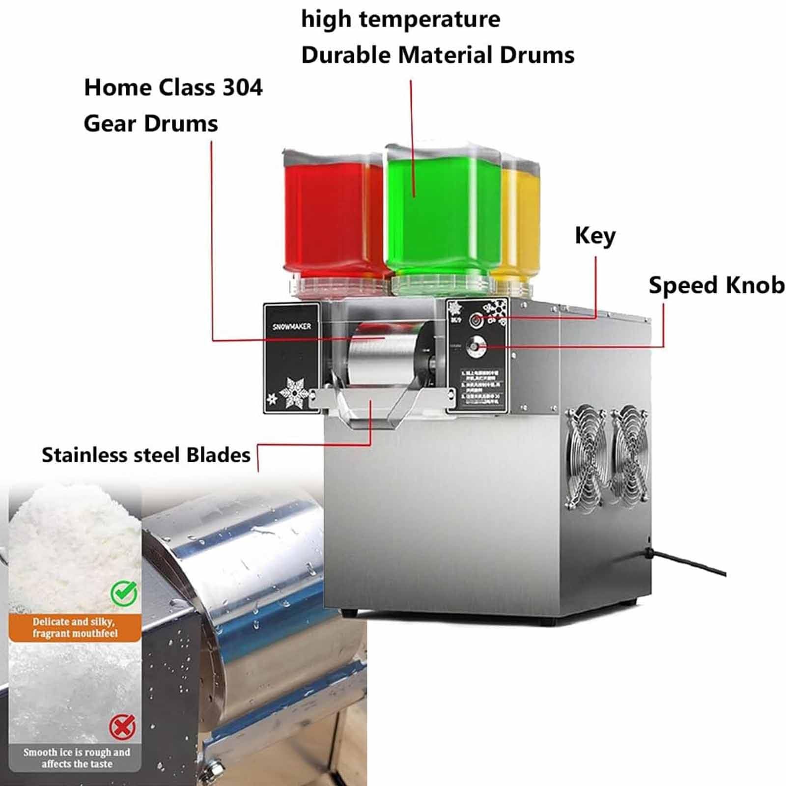 Máquina de Hielo Comercial de la Esposa de Nieve, afeitadora eléctrica 1200W para Batidos y Batidos, ajustes Ajustables, construcción de Acero Inoxidable con 4 Cubos