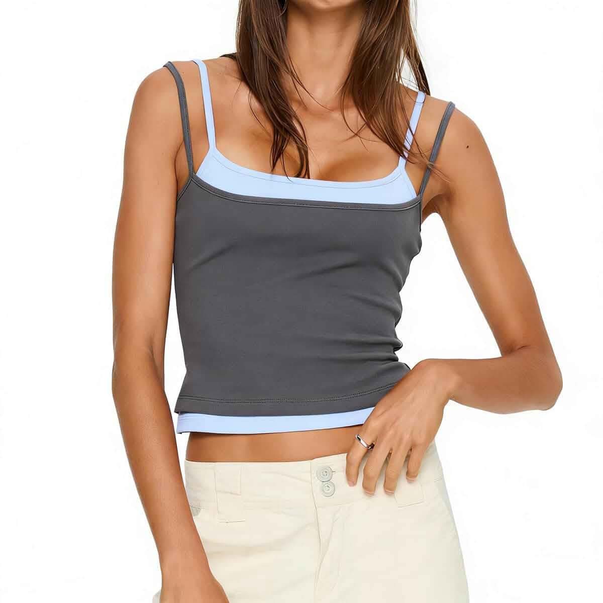 Women Y2K Color Block Spaghetti Strap Crop Top Double Layer Cami Top Coquette Going Out Top for Women Sleeveless Square Neck Square Neck Camisole Crop Top Basic Vest Shirt Summer Streetwear