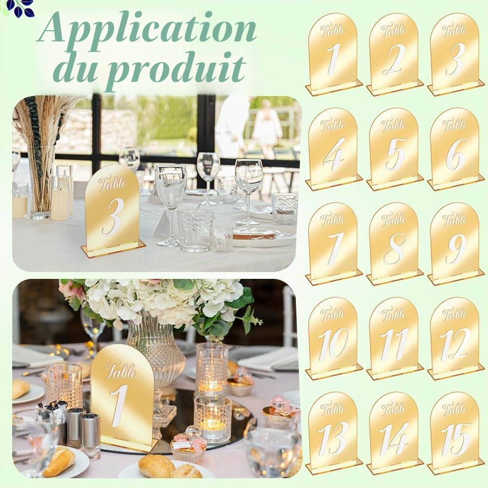 15 paquet de 1~15 numéros de Table de Mariage en Miroir Supports de Panneaux D'Affichage en Acrylique de 13x18.2cm Arc Supports pour Réceptions de Mariage Fêtes Anniversaires et Événements