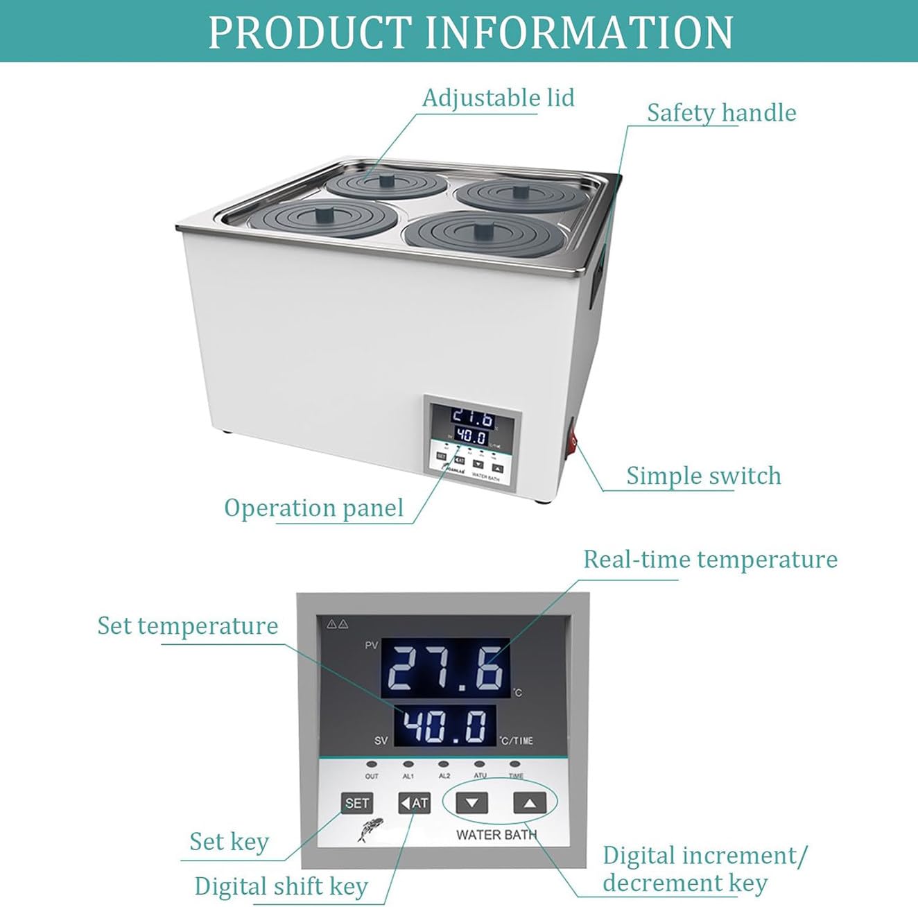 Baño de agua digital de laboratorio con anillo de cubierta de polipropileno, equipo de calefacción de temperatura constante para uso científico, disponible en configuraciones de 1 a 8 agujeros