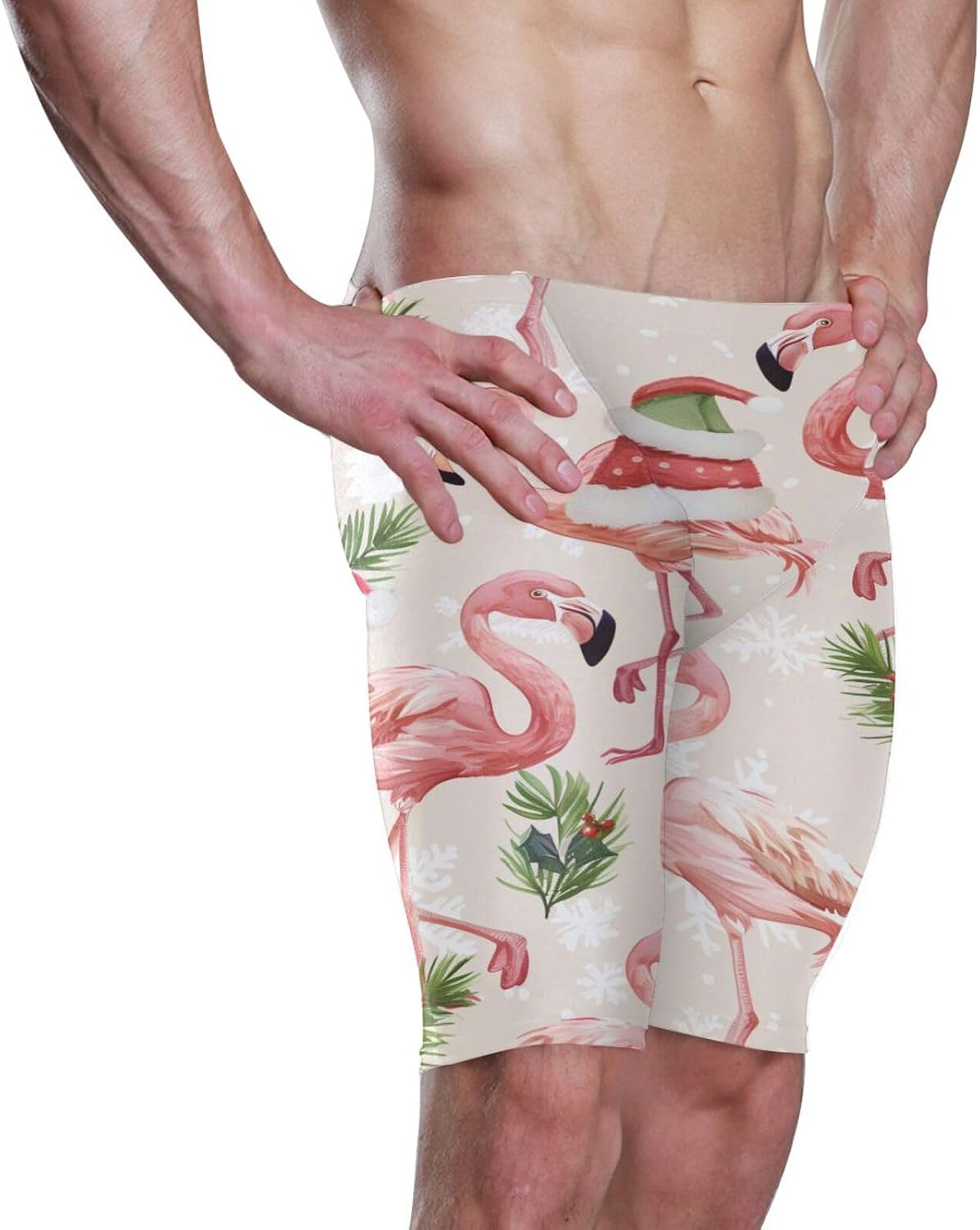 Flamingo with Christmas Hat Men's Racing Swim Trunks Athletic Swim Jammers Quick Dry Training Swim Shorts S-3XL
