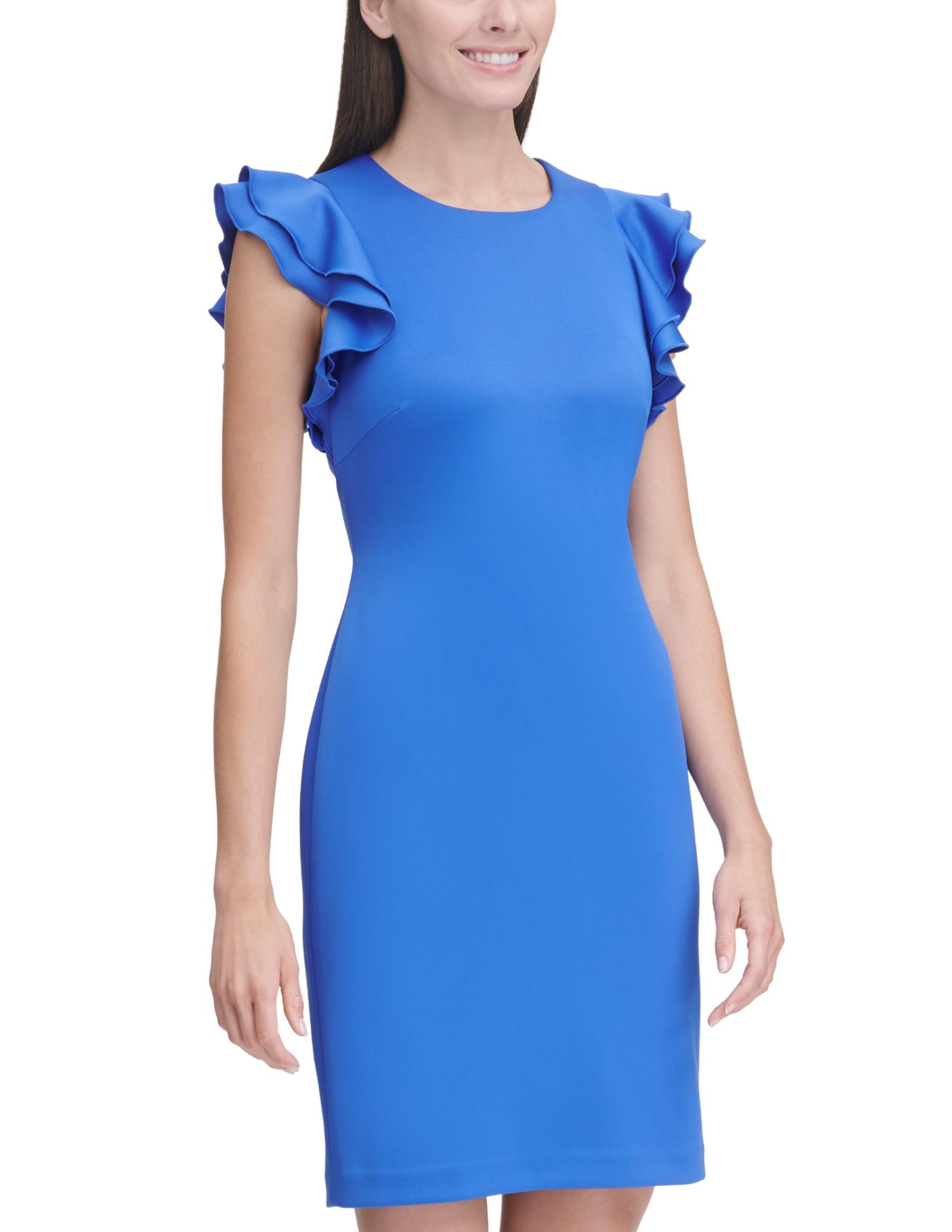Tommy Hilfiger Women's Sleeveless Ruffle Hem Jewel Neck Crepe Sheath Mini Dress