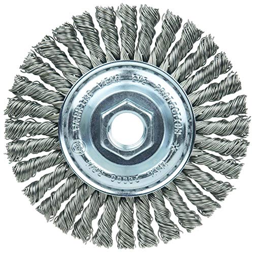 Image of Weiler 36218 Wolverine 4 inch Knot Wire Wheel, Stringer Bead Twist, .020 inch Steel Fill, 5 /8 inch-11 UNC Nut, Made in the USA (Pack of 5)