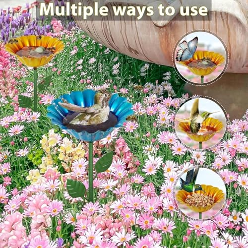 Bee Watering Station - Metal Bee Bath for Garden Water Feeder with Flower Design, Colorful Butterfly Bee Bath Bowl for Outdoor Garden Yard Decor (Yellow) - Thumbnail 5
