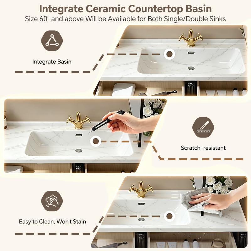 Tocador de baño independiente con lavabo individual/doble, 48-92 pulgadas, amplio almacenamiento, diseño moderno para baños grandes, muebles de baño elegantes y funcionales