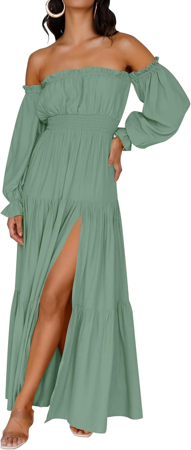 ZESICA Women's Boho Off Shoulder Spring Long Sleeve Dress 2026 High Waist Side Split Sexy Flowy A Line Long Maxi Dresses