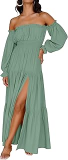 Women's 2026 Boho Sexy Off Shoulder Long Sleeve Smocked High Waist Side ...
