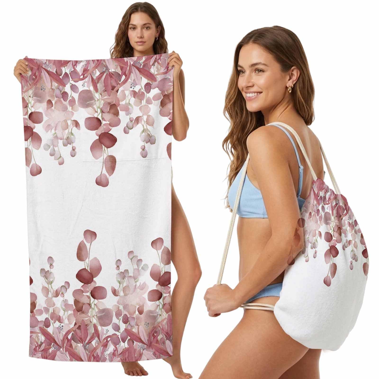 FWJZDSP Beach Towel Backpack Convertible Red Eucalyptus Leaves Sand Free Quick Dry Towel Bag Spring Plant Beach Towel with Adjustable Straps for Travel Swimming Pool Beach Accessories 31.5x63in