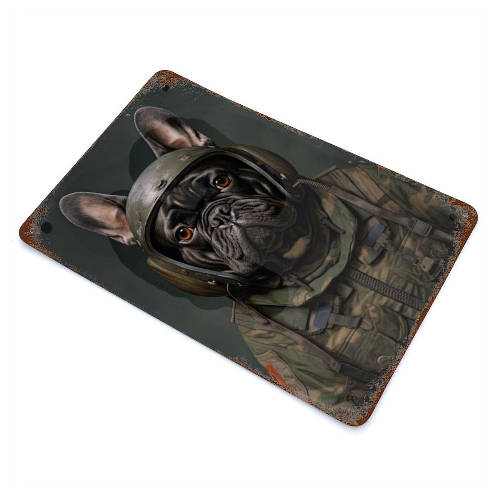 Rust Effect French Bulldog Soldier Aged Metal Wall Plaque 11.8"x7.9", Rustic Home Decor for Bistro, Counter And Cafe Decor