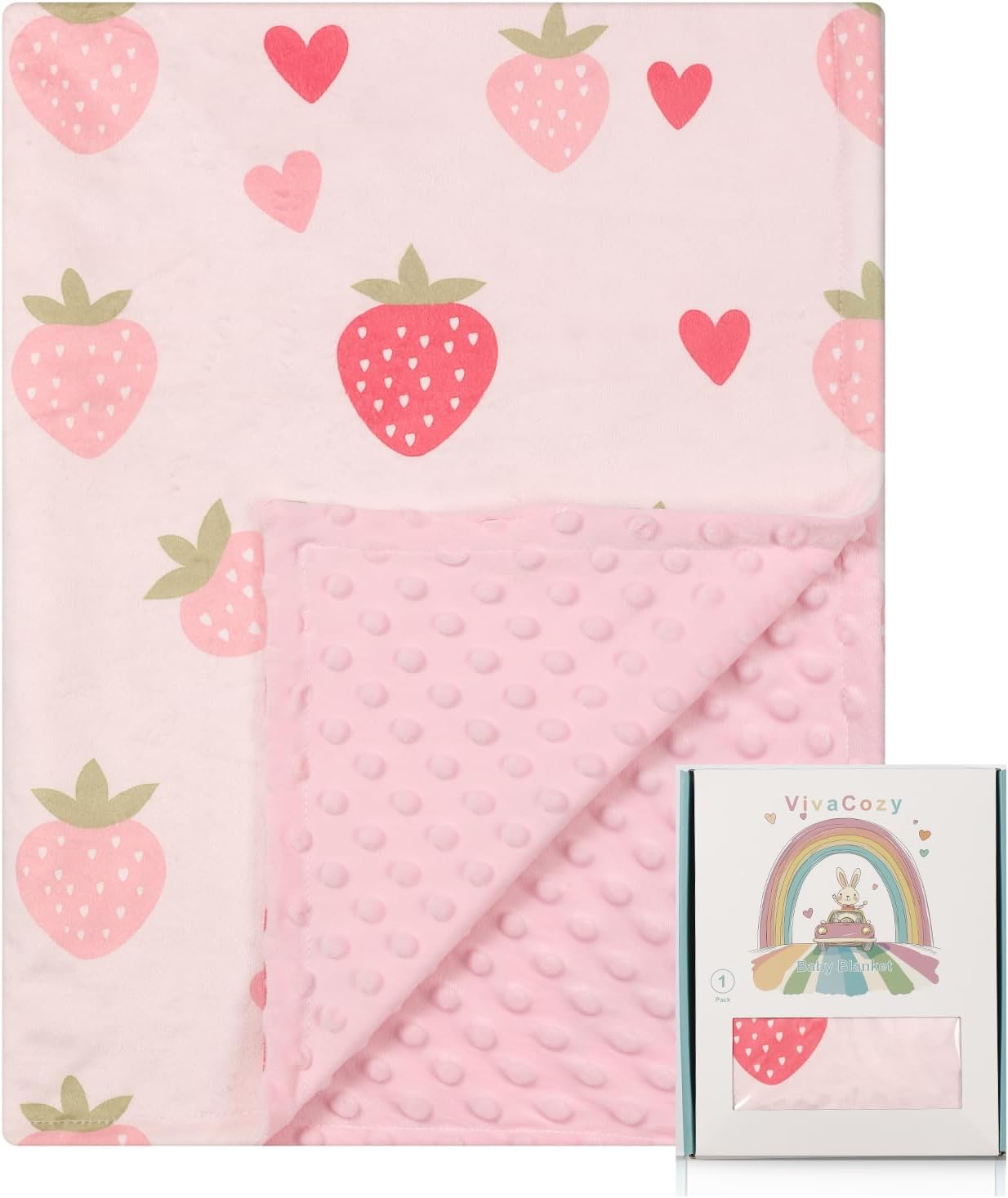 Baby Blankets for Girls with Strawberry Pink, Super Soft Plush Lightweight Nursery Bed Blanket for Newborn Infant Toddler, Cute Crib Throw Blanket with Double Layer Dotted Backing 30x40 Inch