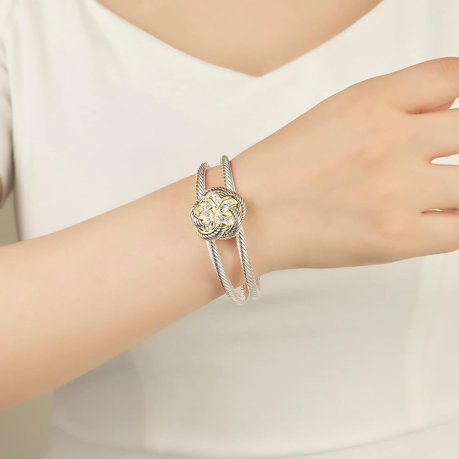 UNY JEWEL Jewelry Make a Statement with Our Two Tone Twisted Cable Double Wire Flower Swirl Open Cuff Bangle Makes a Thoughtful and Stylish Gift - Image 4