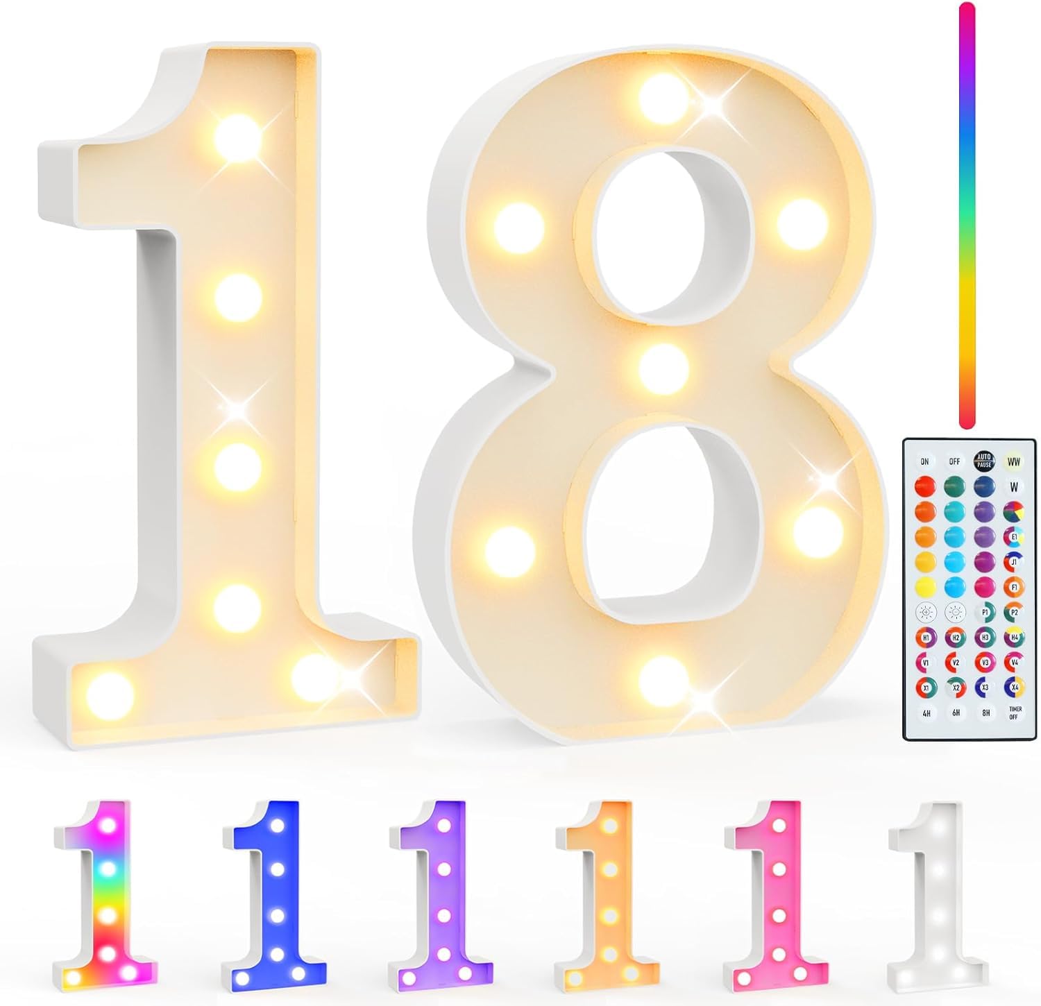 Lampada a LED con Numeri Illuminati 7,2 Pollici, 18 Colori, Numeri Luminosi con Telecomando Regolabili, Decorazione per Festa di Compleanno, Festa, Decorazione per Matrimonio, Decorazione da Scrivania
