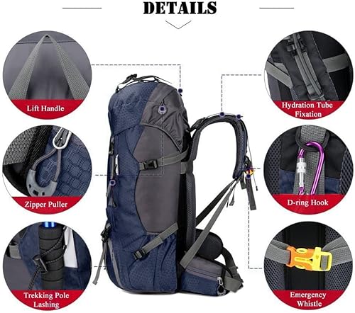 Miniatura 4 de Mochila de senderismo ligera impermeable de 60 L con cubierta de lluvia, mochila deportiva para viajes al aire libre para escalar, campamento, viajes
