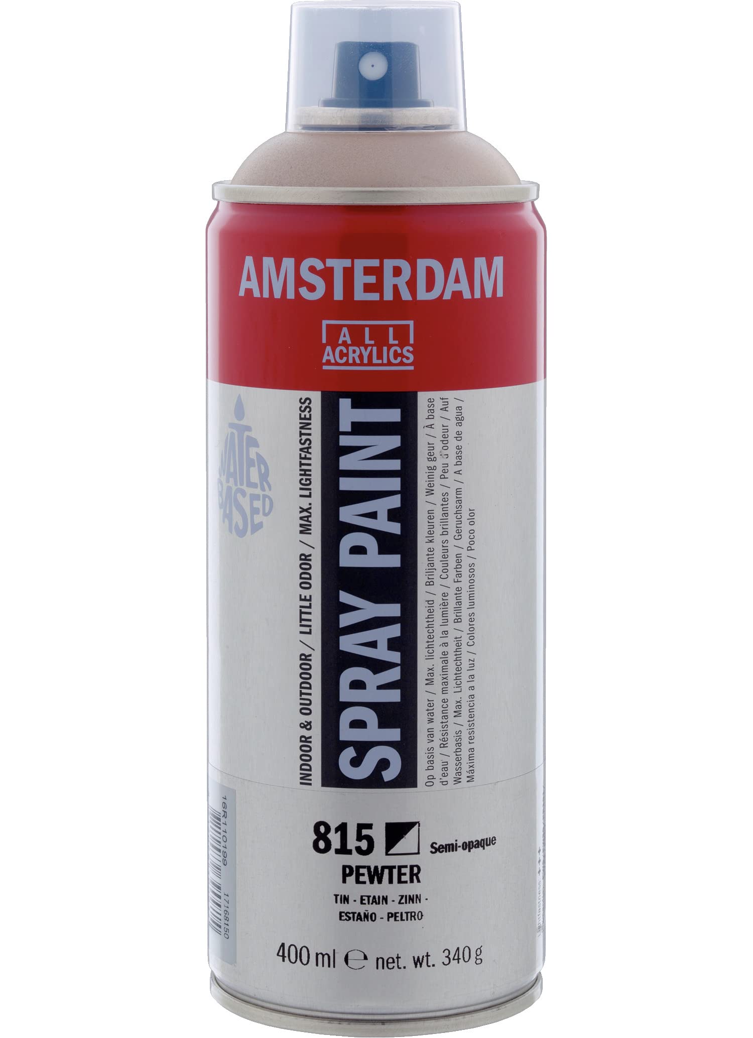 Amsterdam Spray Paint - 400 ml Pewter 815 - Water-Based - High-Lightfastness - Low-Odor - Waterproof - For Canvas Wood Stone - Semi-Opaque Color - European Crafted