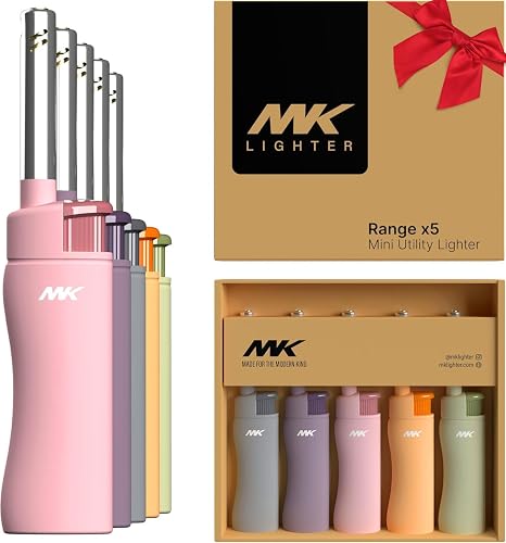 MK Candle Lighter, Butane Refillable Wind-Resistant Flame, 5-Pack for BBQ, Camping, Outdoor Use (Pastel-5pc)