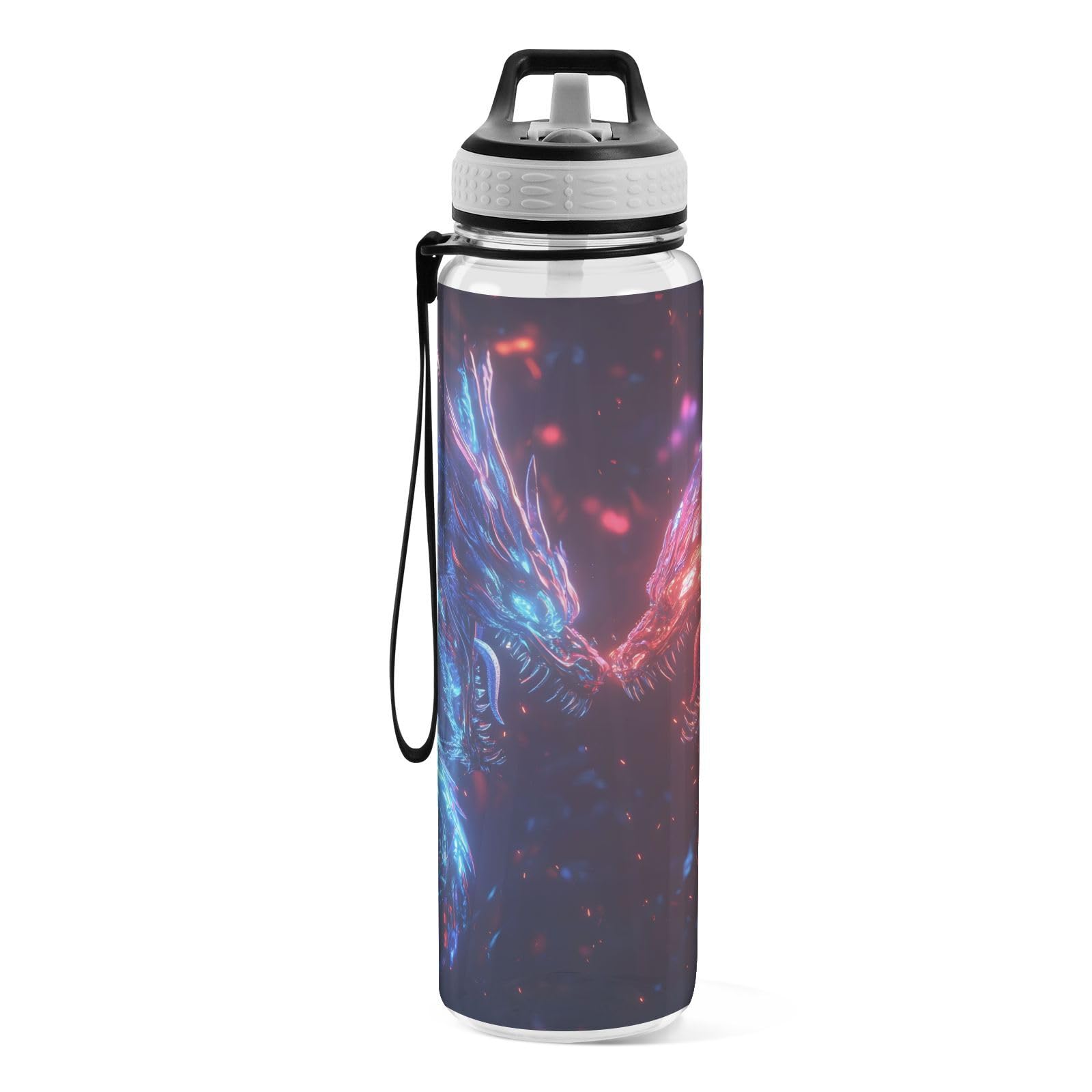 ALAZA Wasserflasche mit Strohhalm, auslaufsicher, Tritan, transparent, Motiv: Monster Drache, Kinder-Wasserflasche für Schule, Outdoor, Sport, Trinken, 900 ml, Rot / Blau