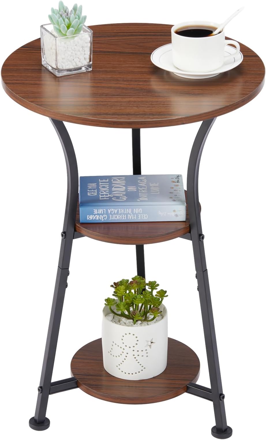 Boukida Round Side Table, 3-Tier End Table with Wooden Shelves - Modern Design for Small Spaces - Dark Cherry