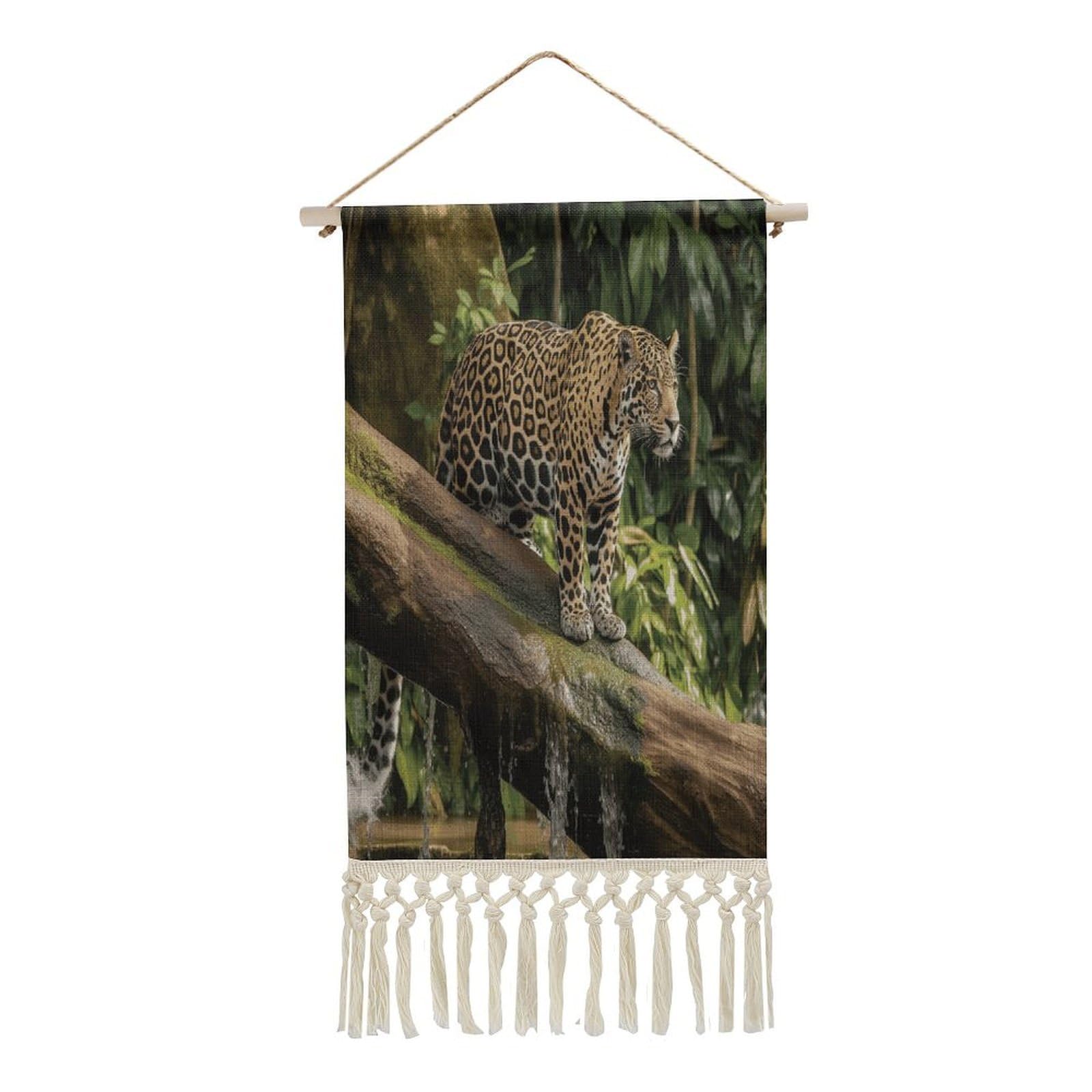 VstaDank Jaguar Cat on Tree Trunk Waterfall Wall Art Decor with Tassels 20"x10" Cotton Linen Hanging Tapestry Decor Wall Art Prints Wood Frame Boho Wall Art Poster for Bedroom Living Room Office
