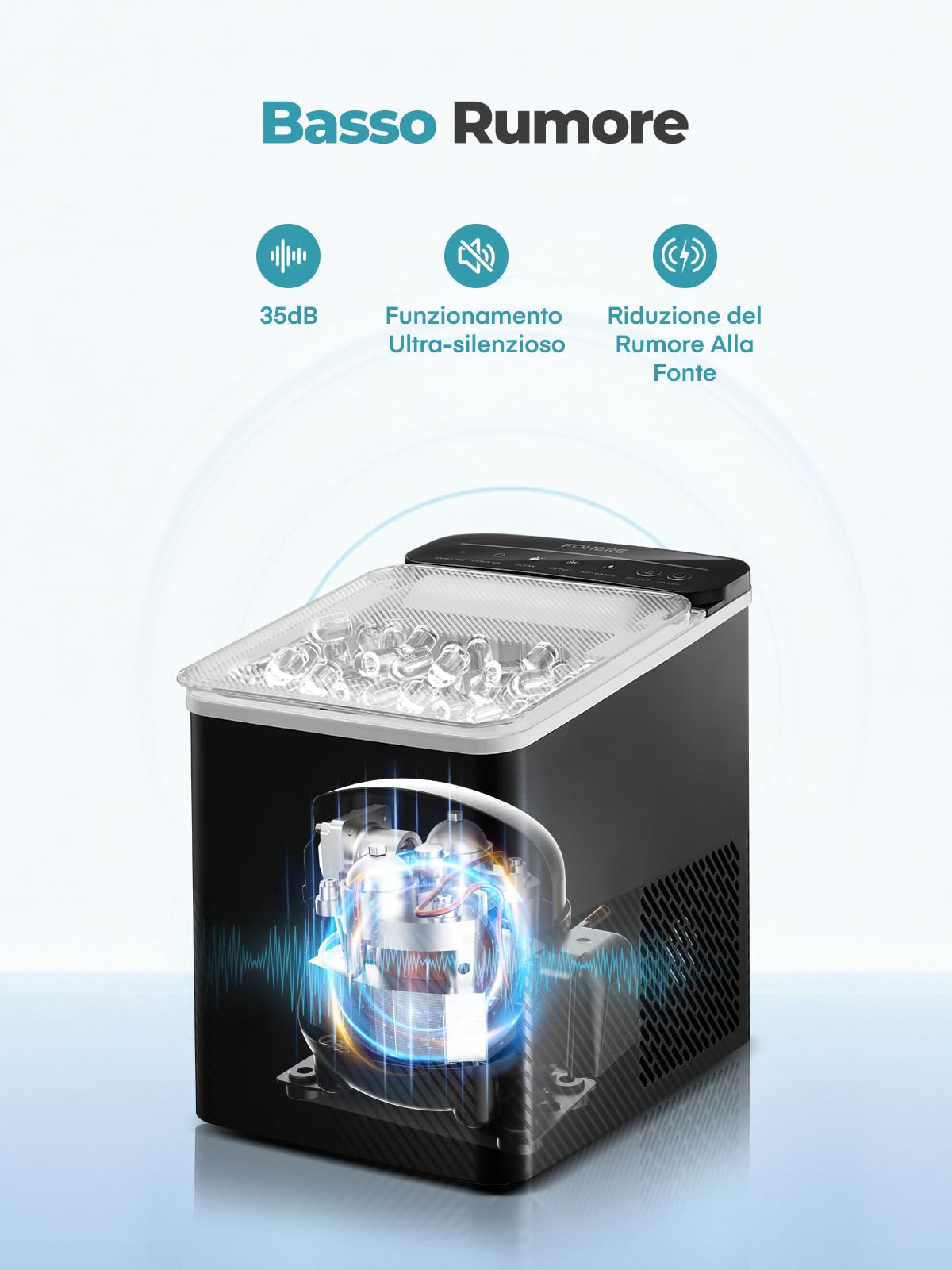 FOHERE Macchina Ghiaccio 14kg/24h, Autopulente, 2 Dimensioni,9 Cubetti in 6 Minuti, Ice Maker con Paletta/Cestello (Nero)