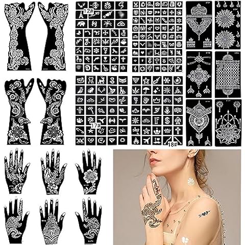 20 Sheets Henna Tattoo Stencils, Airbrush Glitter Tattoo Template Kit 191Pcs Arabian Temporary Tattoo Stickers for Women Girls Face Body Paint Cover