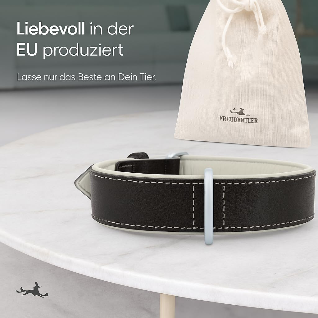 FREUDENTIER® Obroża dla psa z eko-skóry, wykonana w UE, wyściółka i super komfort, wysokiej jakości szeroka obroża ze skóry pełnoziarnistej, model “Amstelpark” (Midnight, 47-57cm obwód szyi)