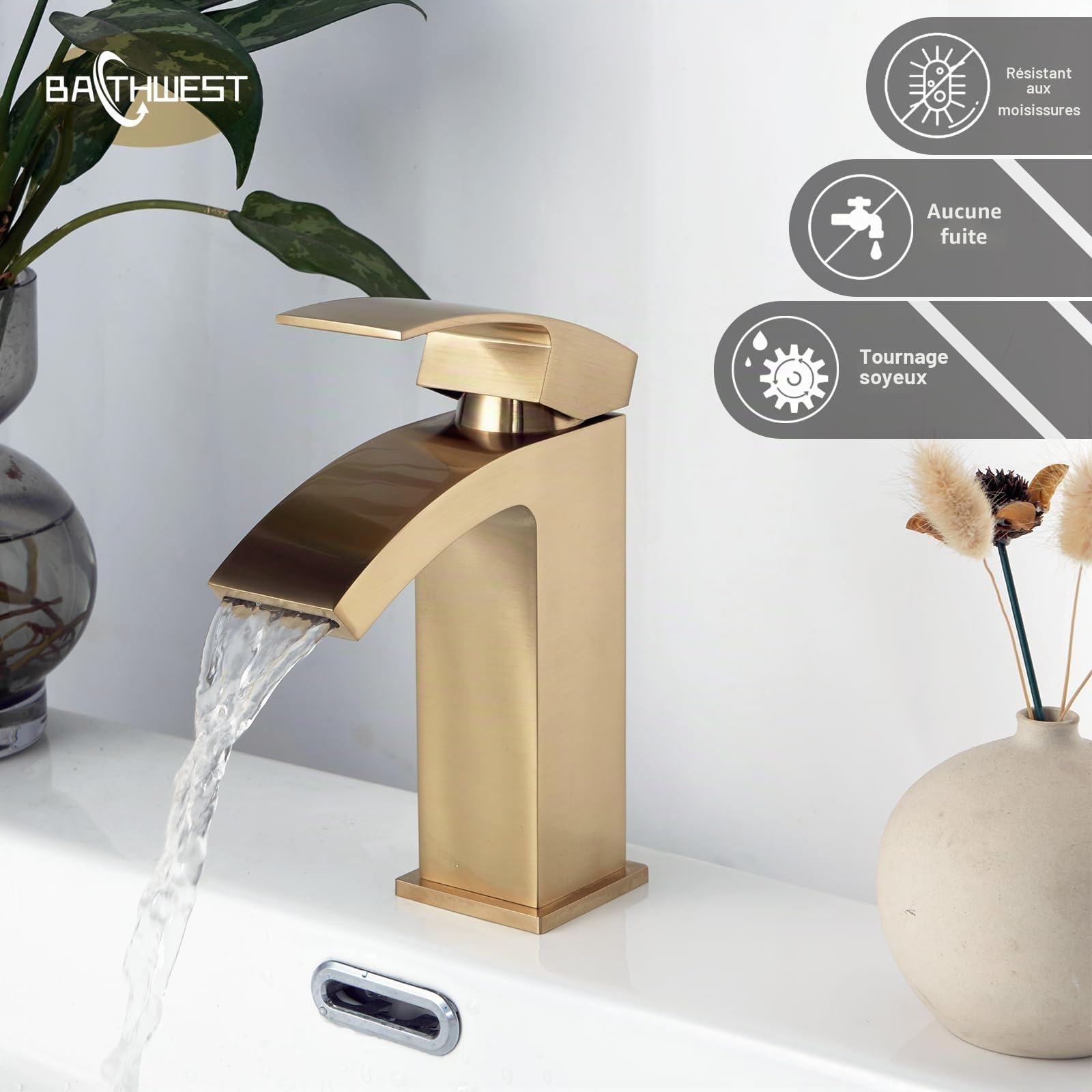 322X Mitigeur Lavabo Salle de Bain, Robinets d'évier en forme de cascade carrés avec bonde pop-up en laiton monobloc avec bouchon d'évier (or, petit)