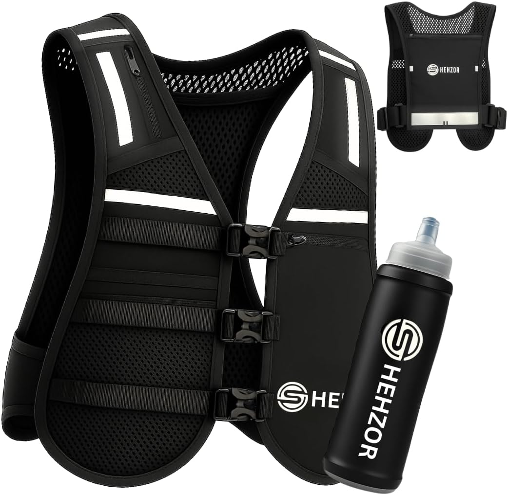SHEHZOR 9-Pocket Hydration Running Vest — High-Capacity Tactical Chest Rig with 500ml Soft Flask — Anti-Chafe Mesh & Zero-Bounce Fit for Marathons, Trail Running & Hiking — Reflective Unisex Gear