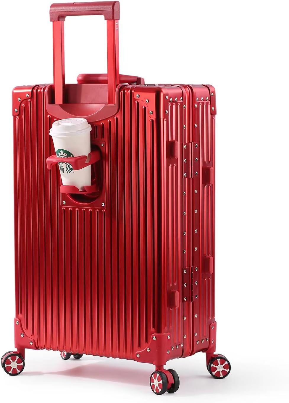 All Aluminum Carry On Luggage with Cup Holder TSA Lock, Airline Approved Carry-On Hardside Suitcase with Spinner Wheels(24-lnch) (RED) Red 24inch