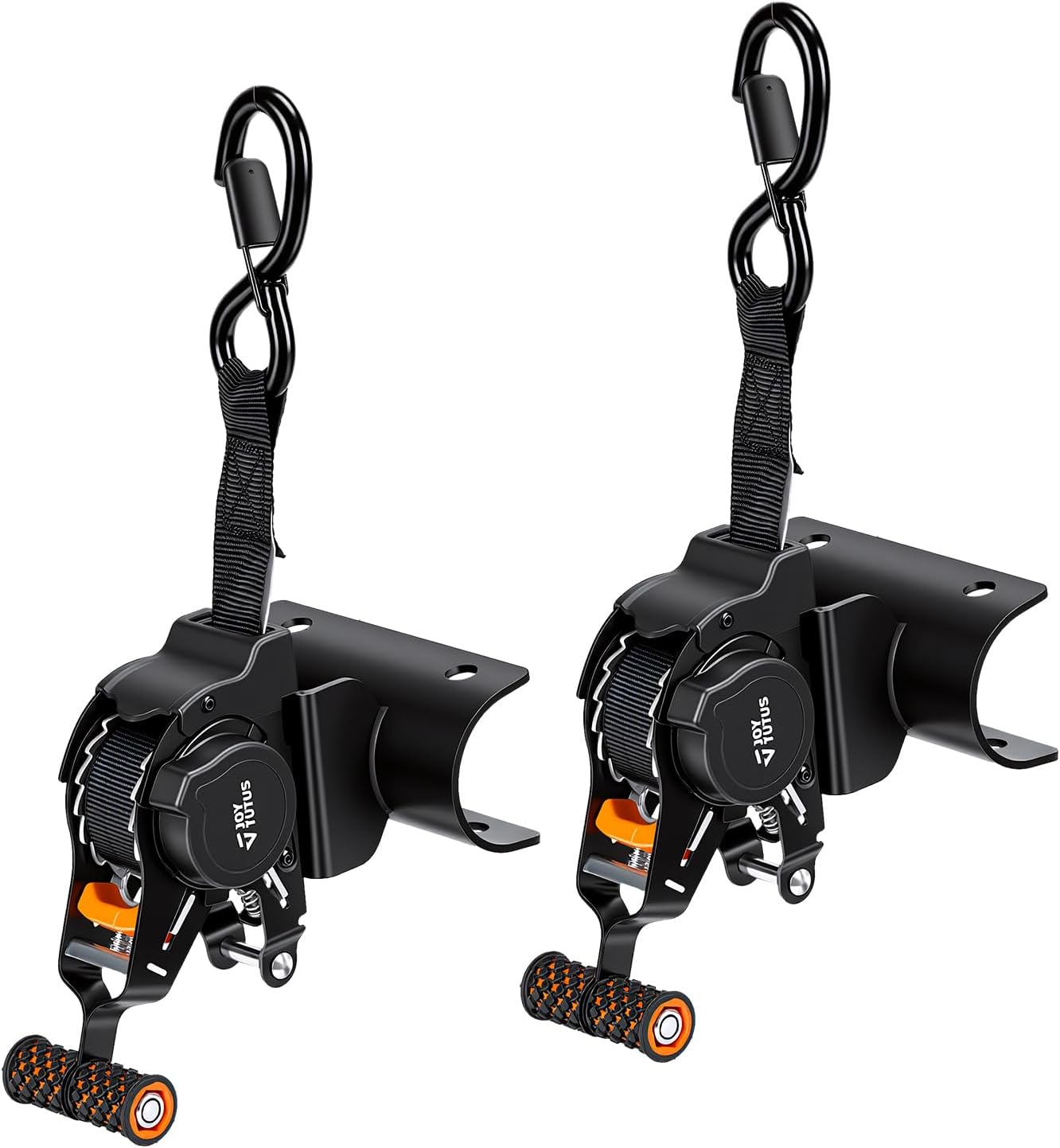 JOYTUTUS 2PCS Retractable Ratchet Straps for Round Tube, 2-Pack Heavy Duty 10'x1'' Auto Retracting Tie Down Straps, 1,500lb Break Strength, Black