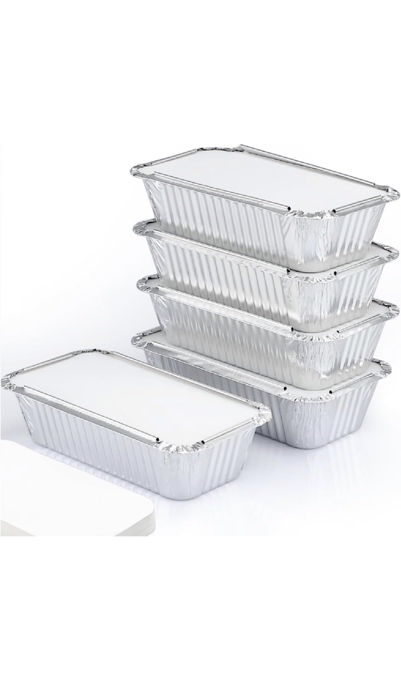 50 Large Aluminium Disposable Reusable Foil Food Container with Lids 6A, 600 milliliters, Silver 20 X 11.5 X 5.5 CM