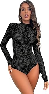 icw Women's Elegent Embroidery Turtle Neck Mesh Transparent Hollow Backless Thin Bodysuit BodyCon Top-picture-50