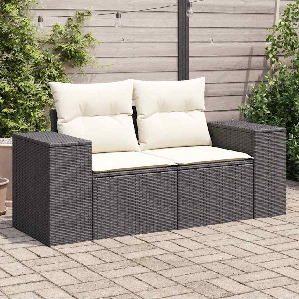 Modern 2-Seater Outdoor Loveseat Sofa Black Poly Rattan with Cream Cushions for Patio Garden Balcony