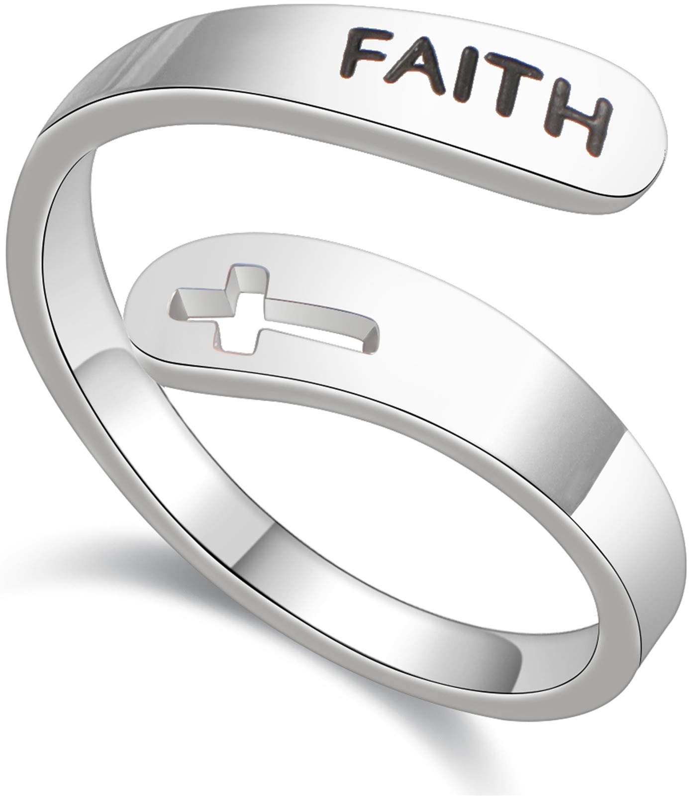 HaozeInspirational Gifts for Women Stainless Steel Silver Cross Faith Ring Open Statement Rings For Women