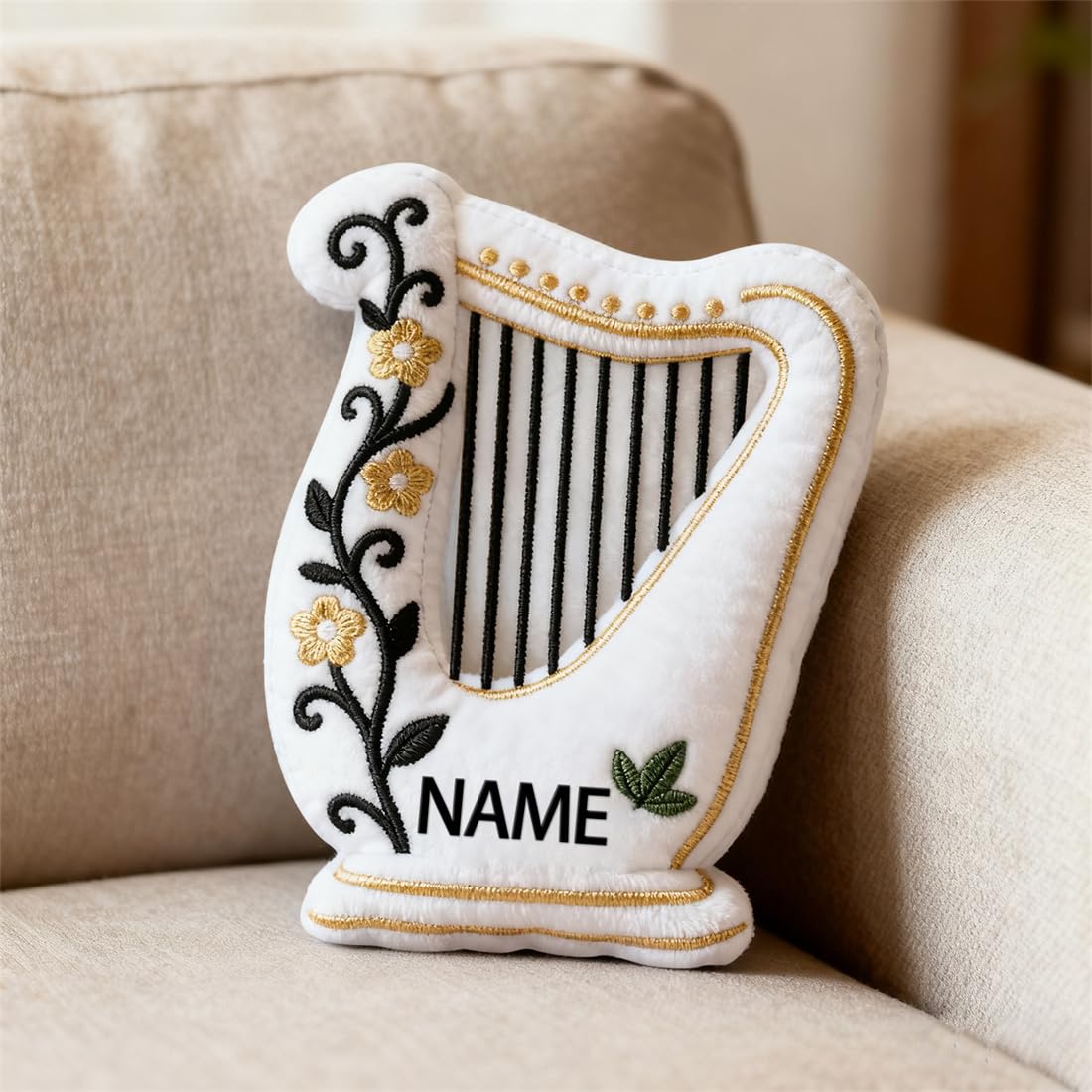 AHROZHOUIK Personalised Harp Shaped Pillow Custom Name Funny Musical Instrument Theme 2D Harp Printed Pillow For Sofa Gift For Music Lover Decor Birthday Xmas (style 26)