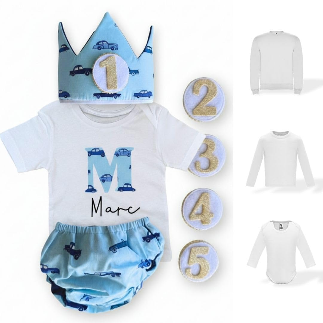 Conjunto Cumpleaños 1 año Personalizado - Camiseta con nombre Bebé - Regalo primer cumpleaños - Smash Cake - Corona cumpleaños (Coches)