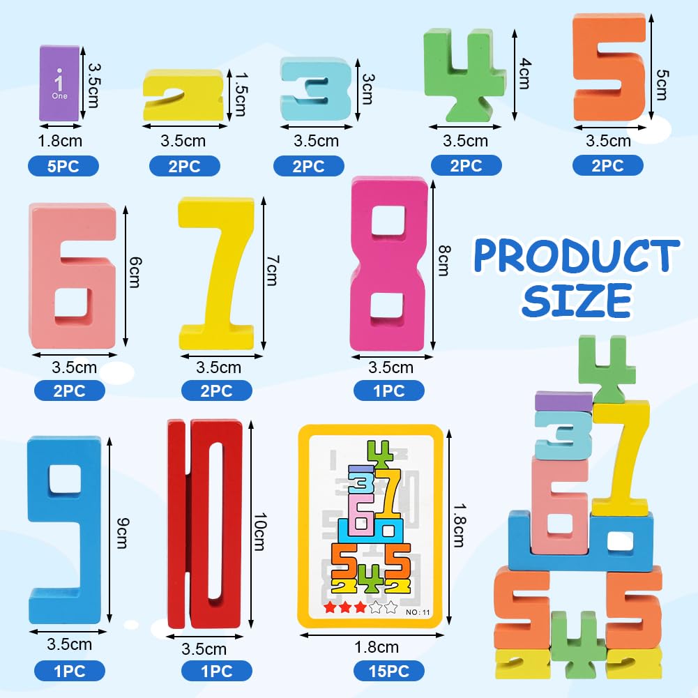 Ainiv Number Blocks Toys for Kids, 1-10 Wooden Number Building Block, Montessori-Inspired Digital Puzzle Counting Blocks, Early Education Math Games for Preschoolers(20 Building Blocks, 15 Cards) - Image 2