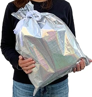 ラッピング袋 袋 中 ポリエチレン 光沢 W410×H580 mm (シルバー) 銀色 日本国内検品済みで安心品質 プレゼント ギフト 大きい 中サイズ リボン付 クリスマス 誕生日 包装