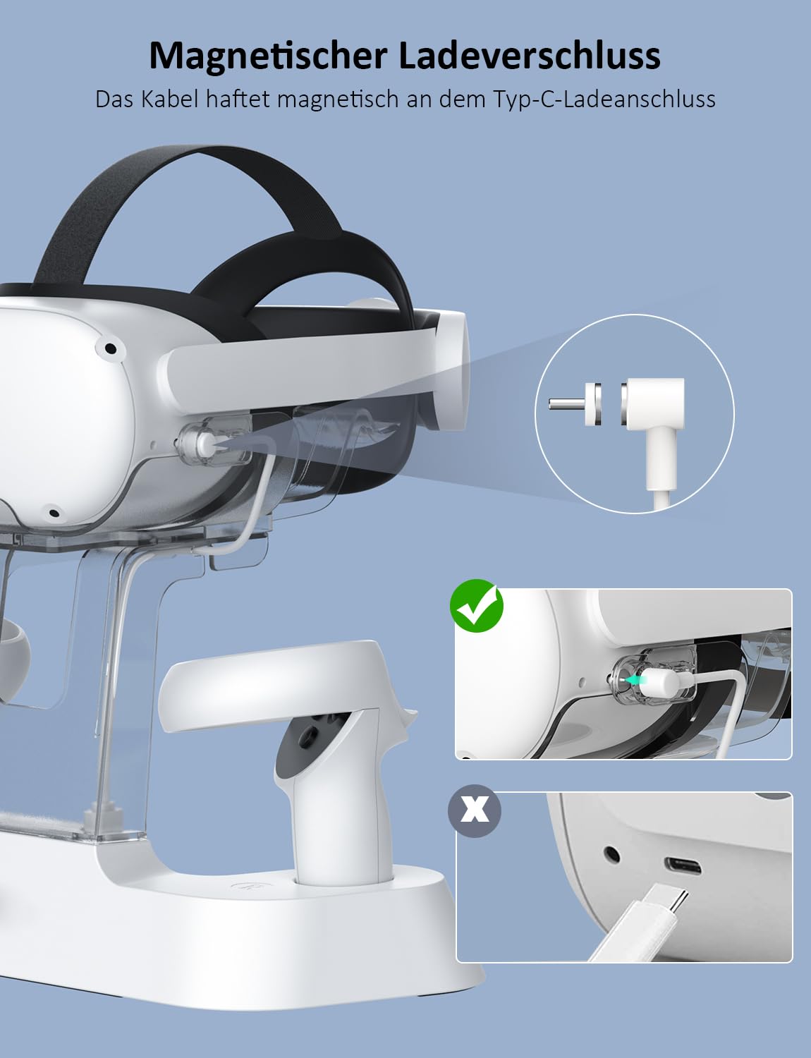 NexiGo Verbessert Ladestation mit LED-Licht für Oculus Quest 2, [Support Elite Strap mit Batterie], Headset-Display-Halter und Controller-Halterung, 2 wiederaufladbare Batterien, magnetisches Kabel