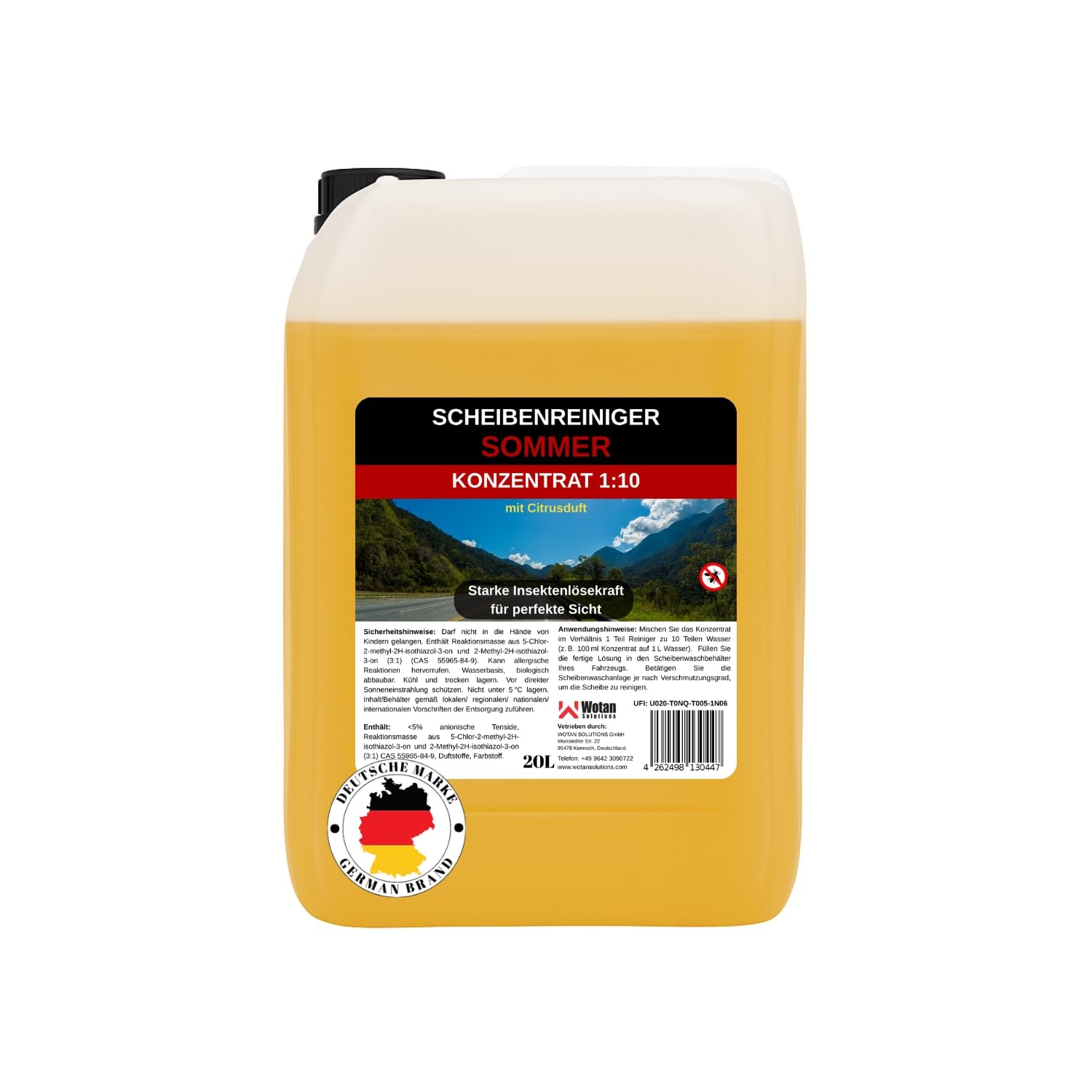 Wotan's 20L Scheibenreiniger Konzentrat 1:10 (Ergibt 200L) - Sommer Insektenlöser | streifenfrei – getestet "Premiumqualität aus Deutschland" | polycarbonatverträglich und Fächerdüsengeeignet