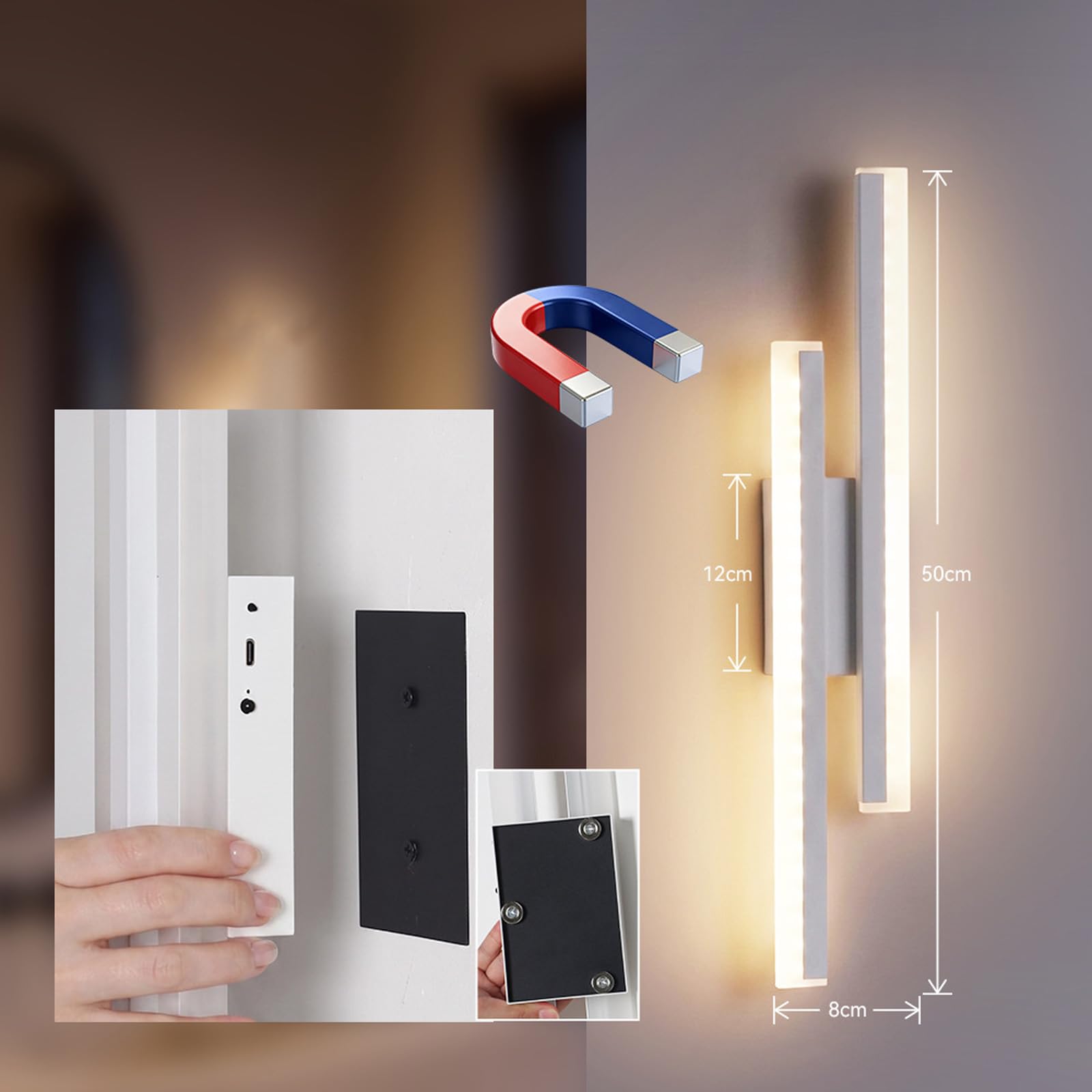 Applique da Parete Interno LED Lampada da Parete con Telecomando Dimmerabile Lampada a Muro USB Batteria Ricaricabile per Camera da Letto Soggiorno Corridoio (Nero)
