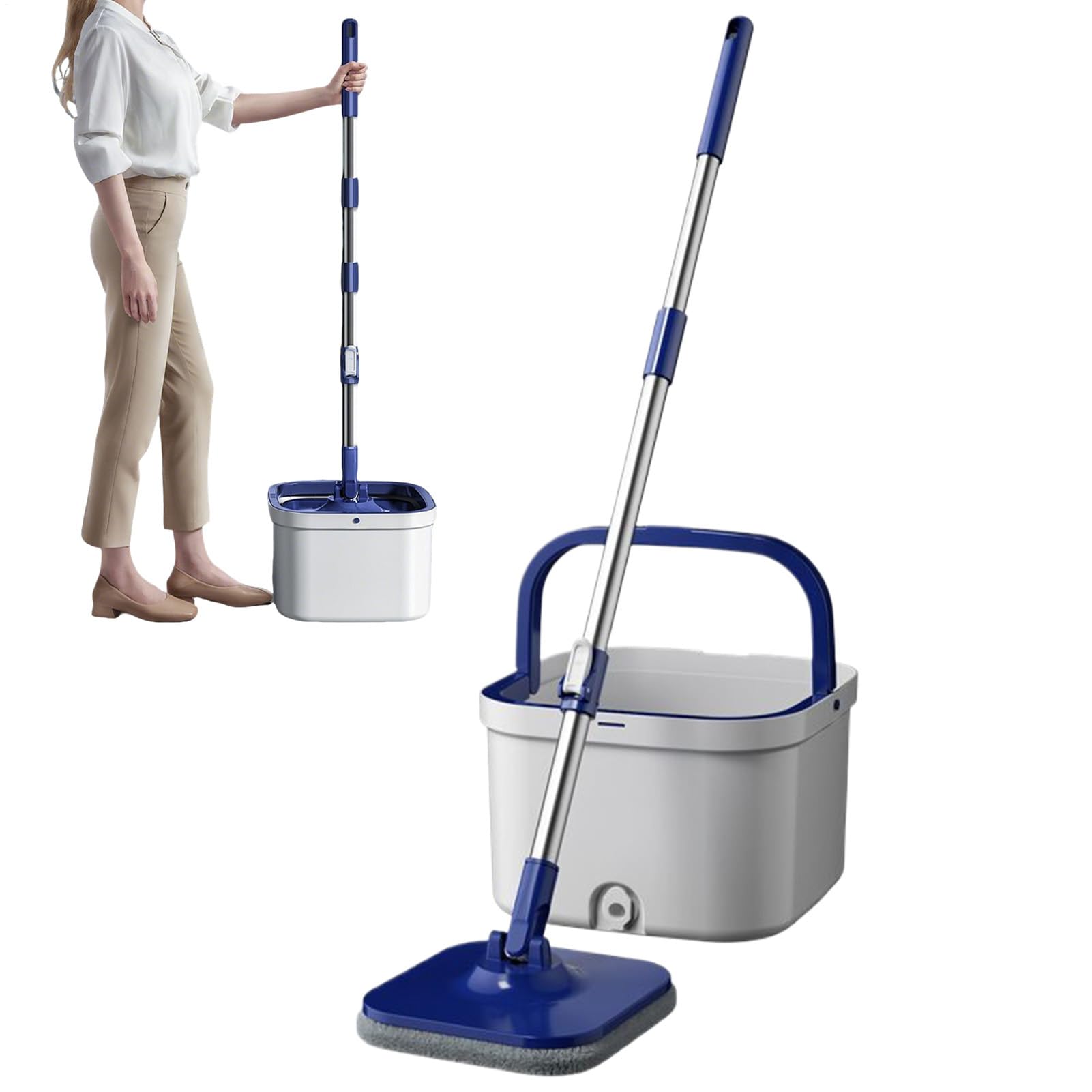 Juego De Fregona Giratoria Y Cubo Mango Ajustable con Empuñadura | De Limpieza Con Fregona Giratoria Y Cubo Para Suelos de Madera Cocina Sala de Estar Comedor Apartamento Sótano