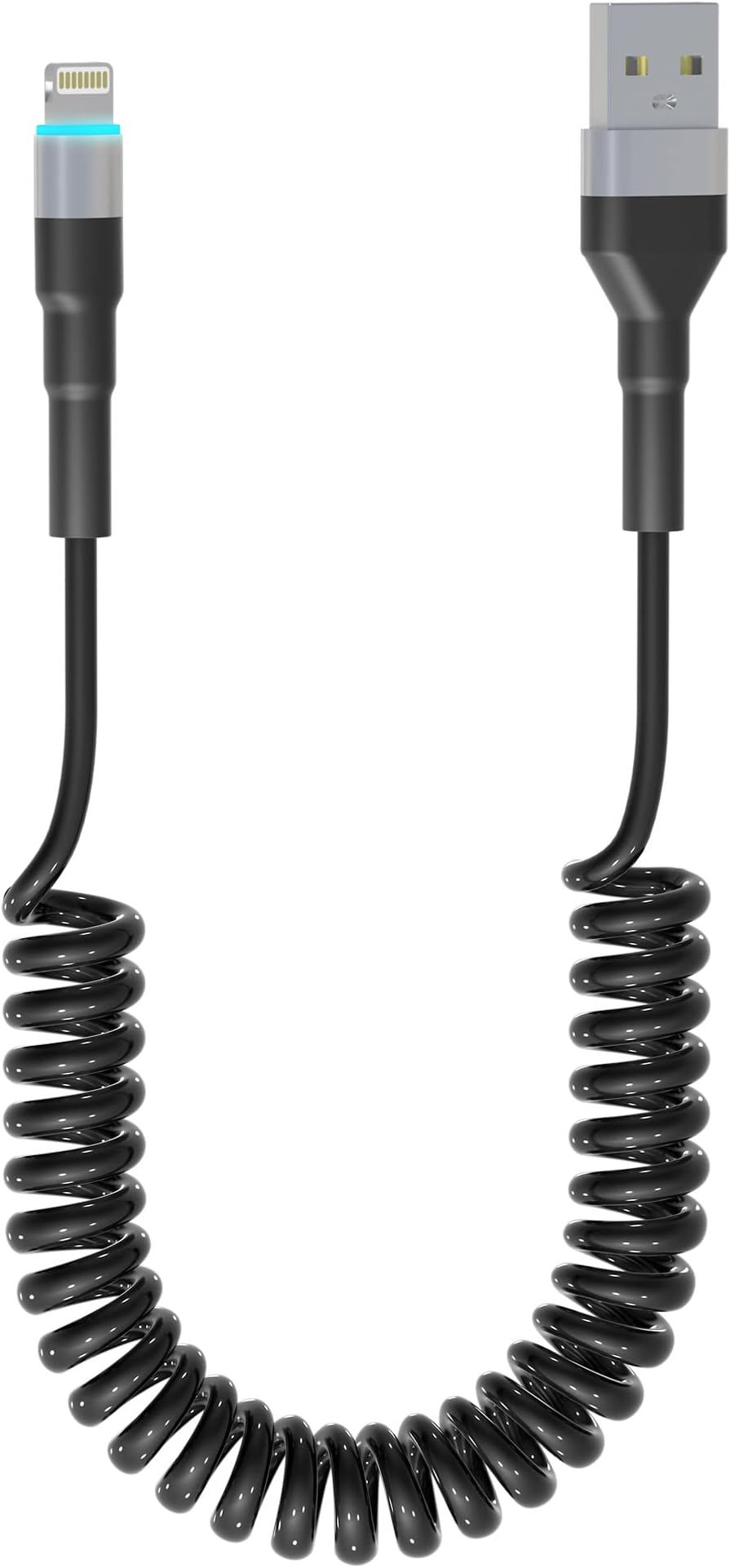 Coiled Lightning Cable Apple Carplay Compatible [Apple MFi Certified] Short USB to Lightning Apple Carplay Cable with Data Sync and LED, Retractable iPhone Charger Cord for iPhone/Pad/Pod