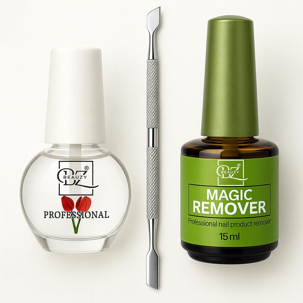 Cuticle Oil with Magic Remover 15ml + Dual Cuticle Pusher, Nourishing Nail & Cuticle Care Combo, Quick & Easy Gel Nail Polish Remover in 3-5 Minutes, Hydrates & Strengthens Nails – Professional Nail Kit (Rose)