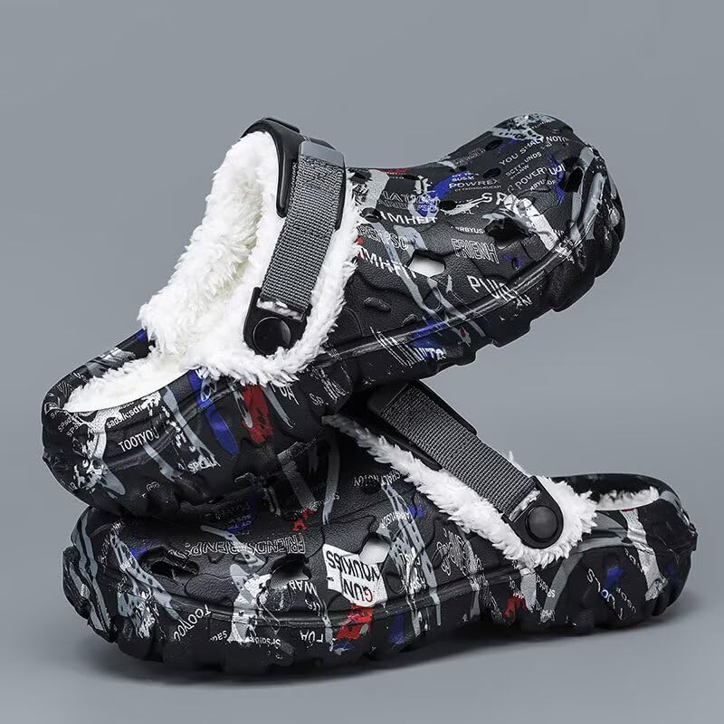 Image of Men's Graphic Fuzzy Lined Clogs Winter Slip On Shoes | Warm Plush Lined Clog Shoes with Vintage Printed Design, Lightweight Closed Toe Casual Footwear for Indoor Outdoor Daily Wear