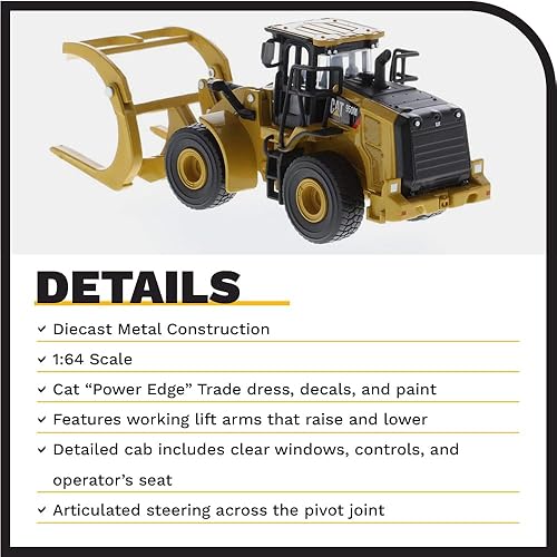 Miniatura 4 de Diecast Masters 164 Caterpillar CAT 950M Cargadora de ruedas con horquilla de troncos, cucharón y 2 postes de troncos 85635