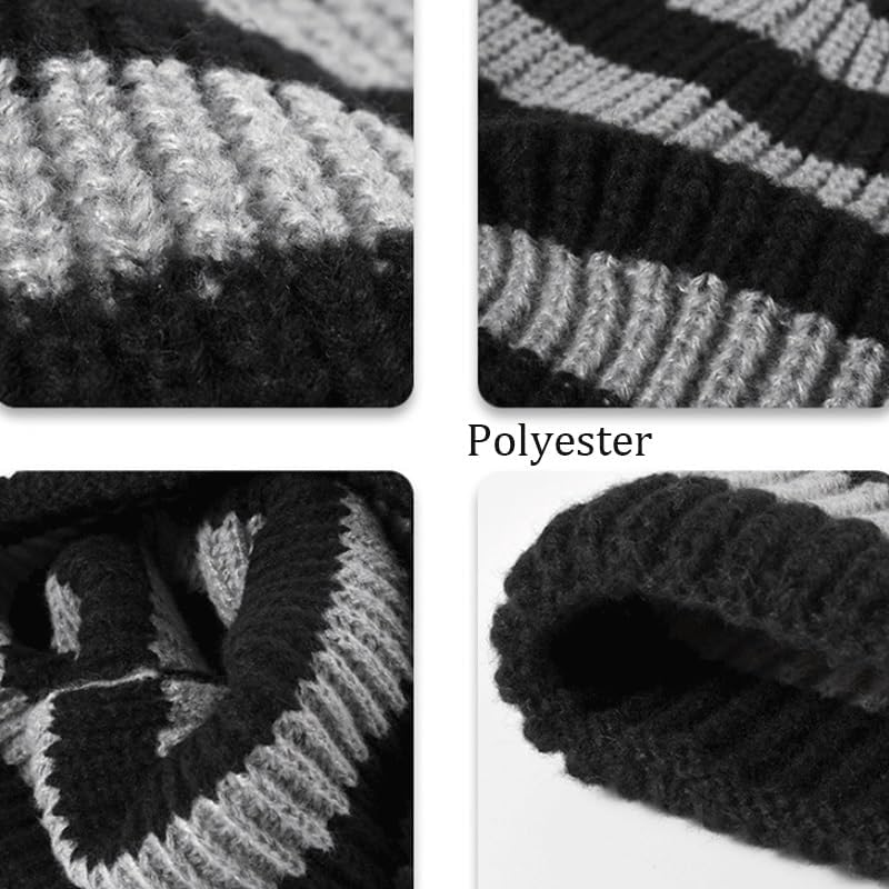 Winter Versatile Warm Thick Women's Striped Color Blocked Knitted Hat with No Eaves