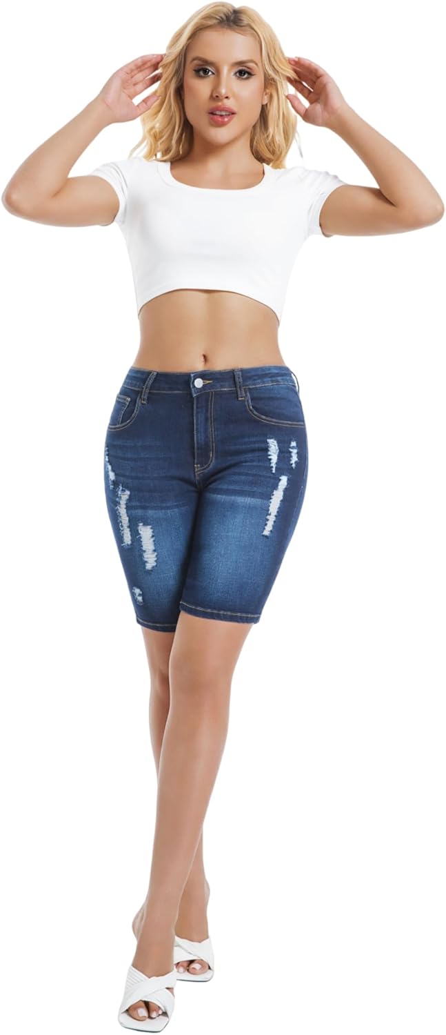 Women's Ripped Stretchy Bermuda Shorts High Waisted Long Denim Jean Shorts - Image 6