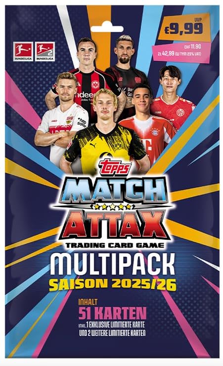 Topps Match Attax Bundesliga 2025/2026 – Multipack mit 51 Karten inkl. 1 exklusiven Limited Edition – Offizielles Bundesliga Trading Card Game – Saison 25/26