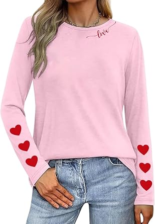 Valentines Shirts for Women Funny Plaid Love Heart Graphic Valentines T-Shirt Plaid Striped Splicing Long Sleeve Tops