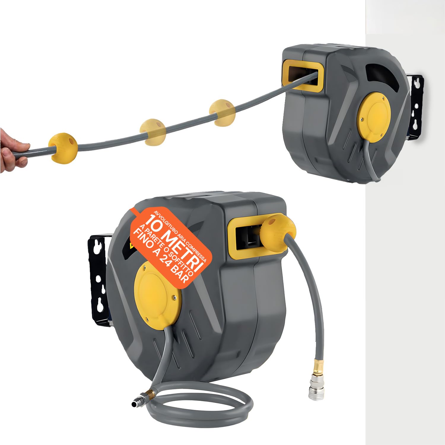 Enrollador de aire comprimido de 10 m con rebobinado automático, tubo para compresor de aire de PVC resistente, montaje en pared o techo, compacto y flexible